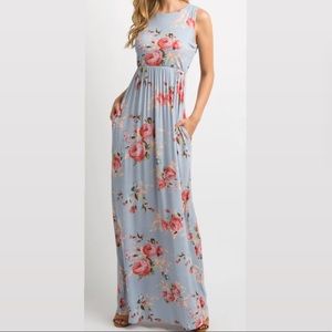 Blue floral maxi dress with elastic waistband
